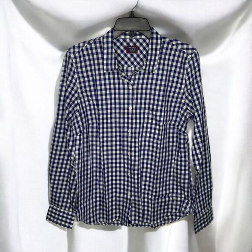 UNTUCKit Shirt Womens Belleza Size 10 Blue White Plaid Button Up Long Sleeve NEW